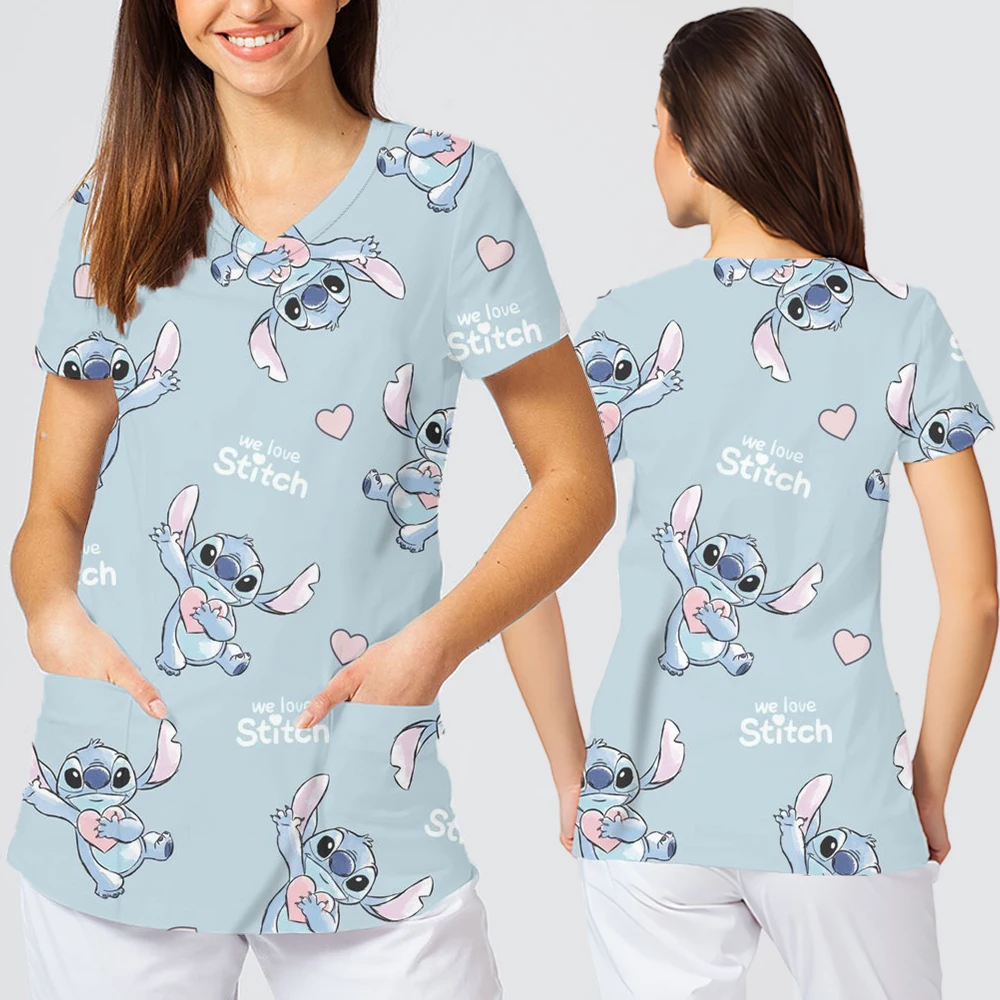 2025 Disney Cute Cartoon Character Printing Odzież damska Dekolt w szpic Krótki rękaw Letnie luźne luźne ubrania do karmienia Topy