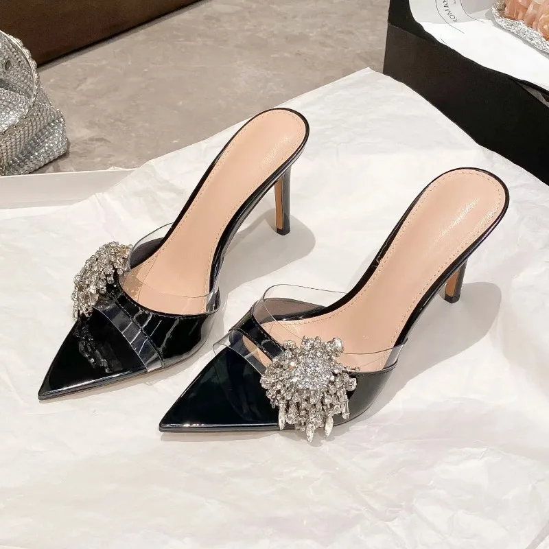 

New Spring and Summer Open Toe High Heel Sandals Pointed Rhinestone Flower One-strap Sheepskin High Heel Sandals