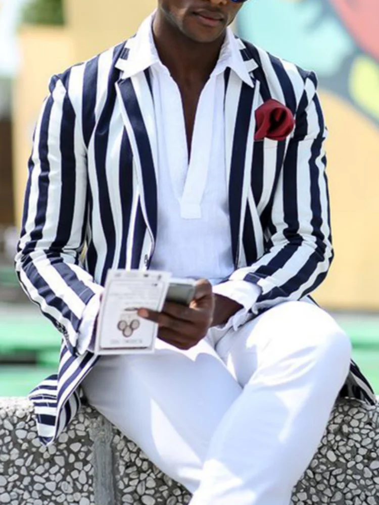 Mens Slim Fit Striped Suit Jacket Navy Blue White Wide Vertical Stripes Blazer