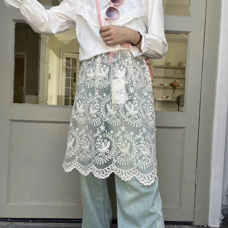 

Кружевная полая юбка с цветочным принтом на крючках, женская юбка-миди в корейском стиле с прозрачной резинкой на талии, милый дизайн перекрытия Y2k Faldas