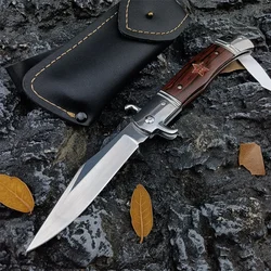 Russian AU TO Folding Knife Finka NKVD Outdoor Pocket 440C Blade Wood Handle EDC Camping Hiking Tool with Holster/Nylon Sheath