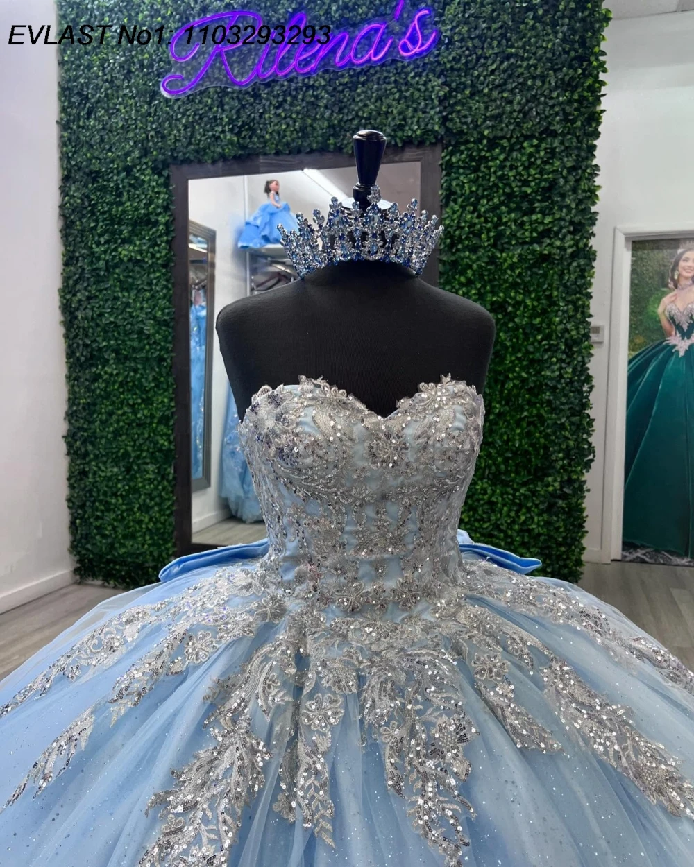 EVLAST Customized Luxury Sky Blue Quinceanera Dress Ball Gown Silver Lace Applique Beaded Sweet 16 Vestido De 15 Anos E1Q208