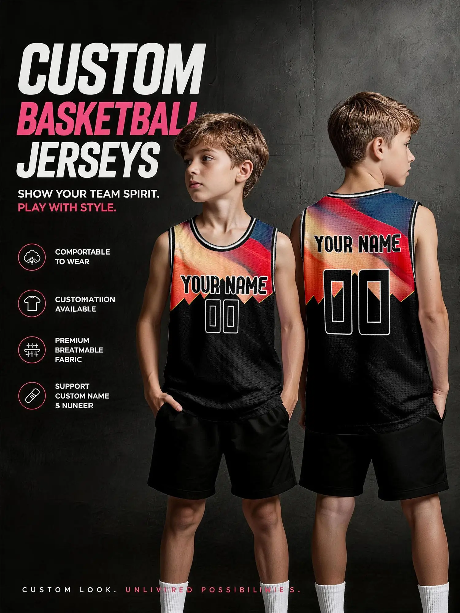 Custom Color Gradient Splice Basketball Jersey, Adult & Kids Team Uniform, Print Name Number