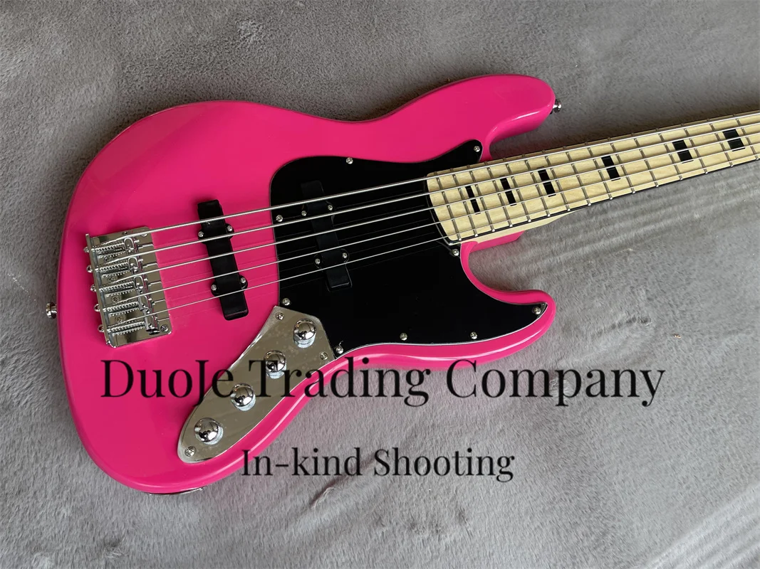 Pink Electric bass 5-string bass Maple neck Basswood body Black guard chrome-plated hardware active battery custom color