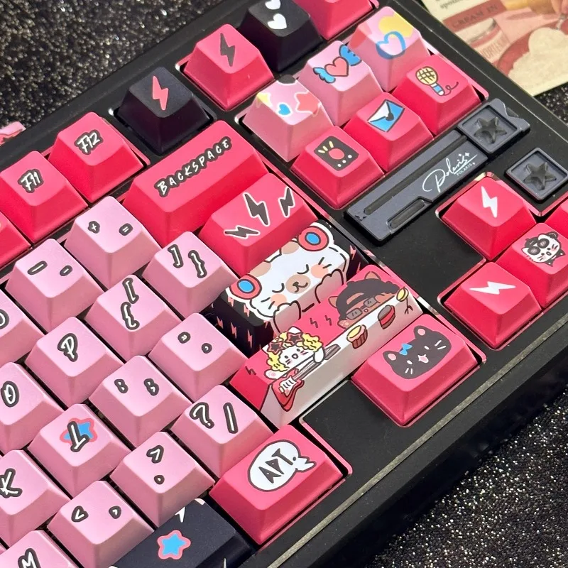 Kitten Themed Keycaps Custom PBT Cherry/MDA Profile Key Cap Sublimation Cute Cool Keycap for Gamers DIY Keyboard Decoration