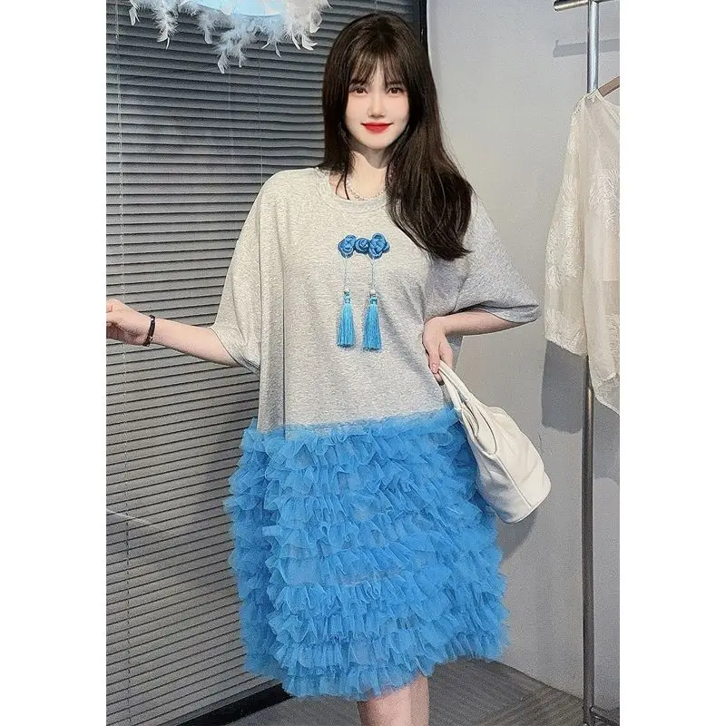 Chic Donna Maglia Impiombato Volant T-shirt Abito Garza Patchwork Pieghettato Gonna Torta Medio Lungo Magliette Manica Corta Top Vestido 2025