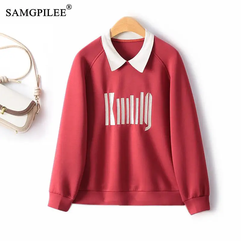 2023 Autumn Embroidered Women Sweatshirts Color Block Peter Pan Collar Air Cotton Straight Casual Sweet Woman Y2K Tops 4XL