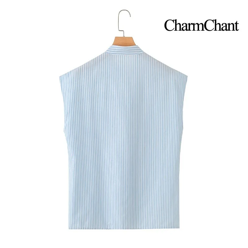 CHARMCHANT Women's Vertical Striped Sleeveless Shirt 2026 Summer Mandarin Collar Tie Front Slim Fit New Chinese Style Blouse