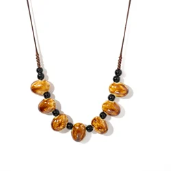 Amber Bean Ceramic Necklace Handmade Boho Pendant Adjustable Vintage Jewelry for Women Gift 1121