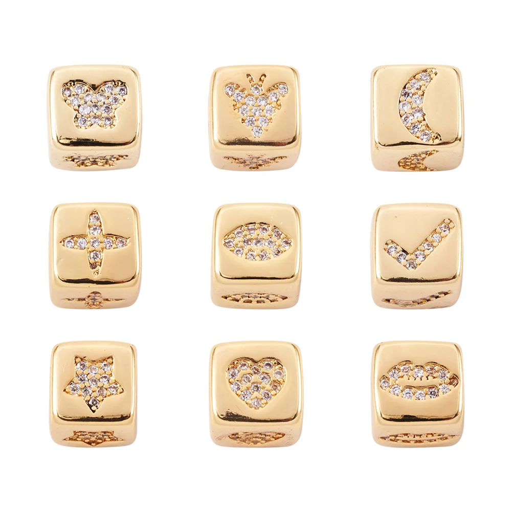 Brass Cube with Star Heart Pattern Beads Micro Cubic Zirconia Paved Large Hole Long-Lasting Plated Beads For Jewelry Making