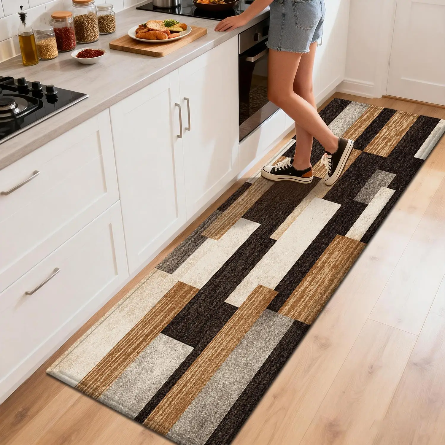 VIKAMA Wood Grain Patchwork Kitchen Runner Rug Modern Striped Texture Non‑slip Waterproof Long Floor Mat For Home Rug