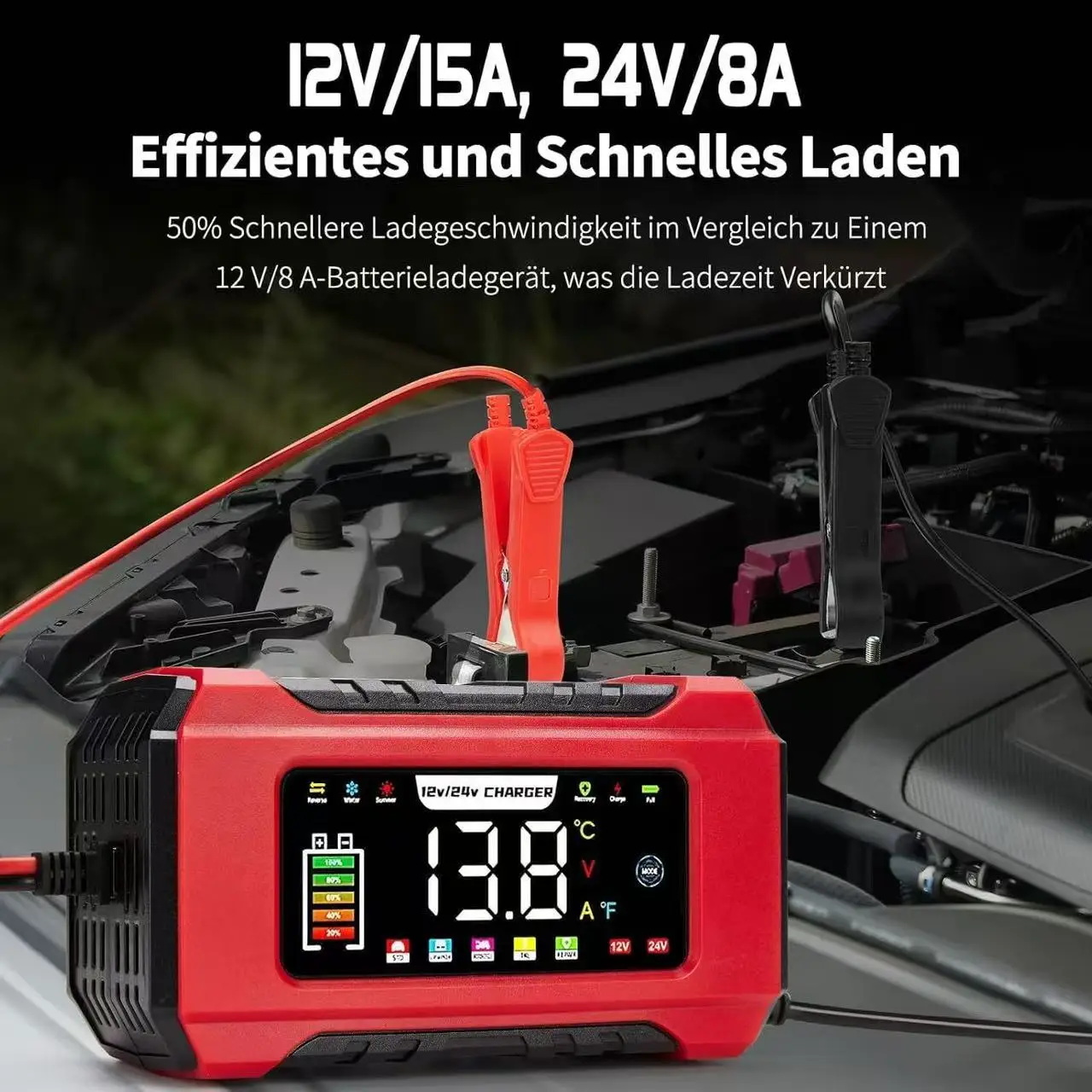 15A Intelligentes Auto-Batterieladegerät & Motorrad-Batterieladegerät 12V/24V mit LCD-Display Großer Bildschirm, Reparaturmodus & Erhaltungsladung