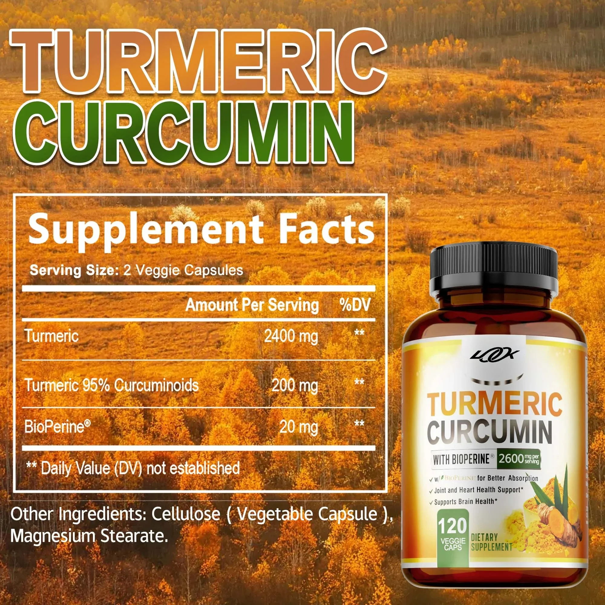 Turmeric Curcumin Capsules - Anti-Inflammatory, Improves Absorption, Helps Maintain Heart and Joint Health, Boosts Energy Levels