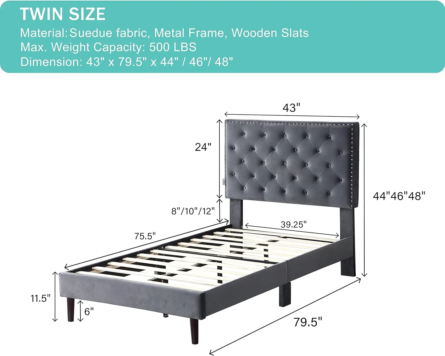 Twin Upholstered Platform Bed Frame with 48