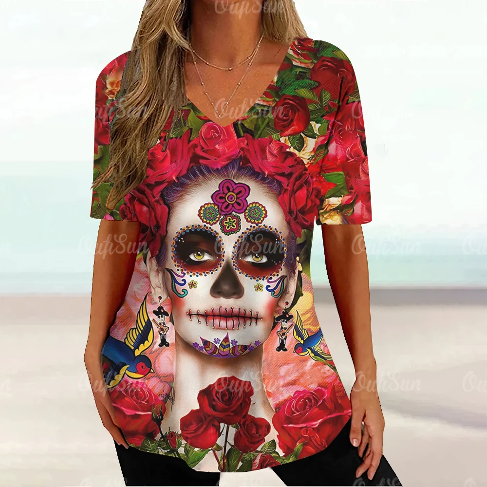 2024 Vintage Skull Face Women\'s T Shirt Tops V Neck Blouses Casual Short Sleeve Pullover Summer Female Harajuku Punk Streetwear