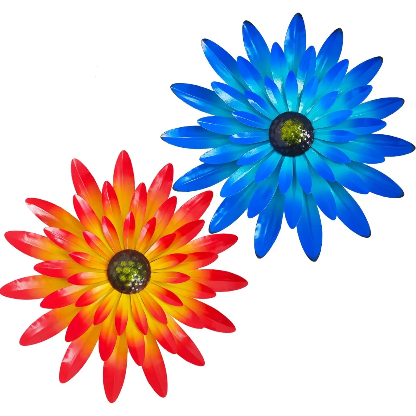 2PCS Metal Flower Wall Decorations - 12Inch Orange and Blue, Beautiful Metal Flower Wall Art for Indoor and Outdoor Garden Decor