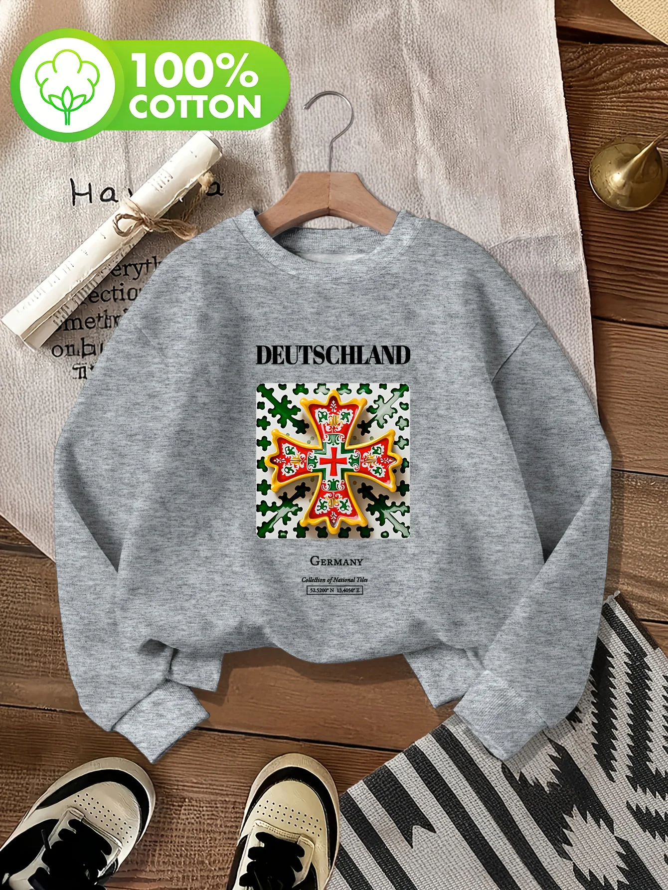 معطف Deutschland من الأسلحة مطبوع 100% قطن بدون غطاء برقبة دائرية سترة غير رسمية على الموضة بأكمام طويلة سترة ملولبة