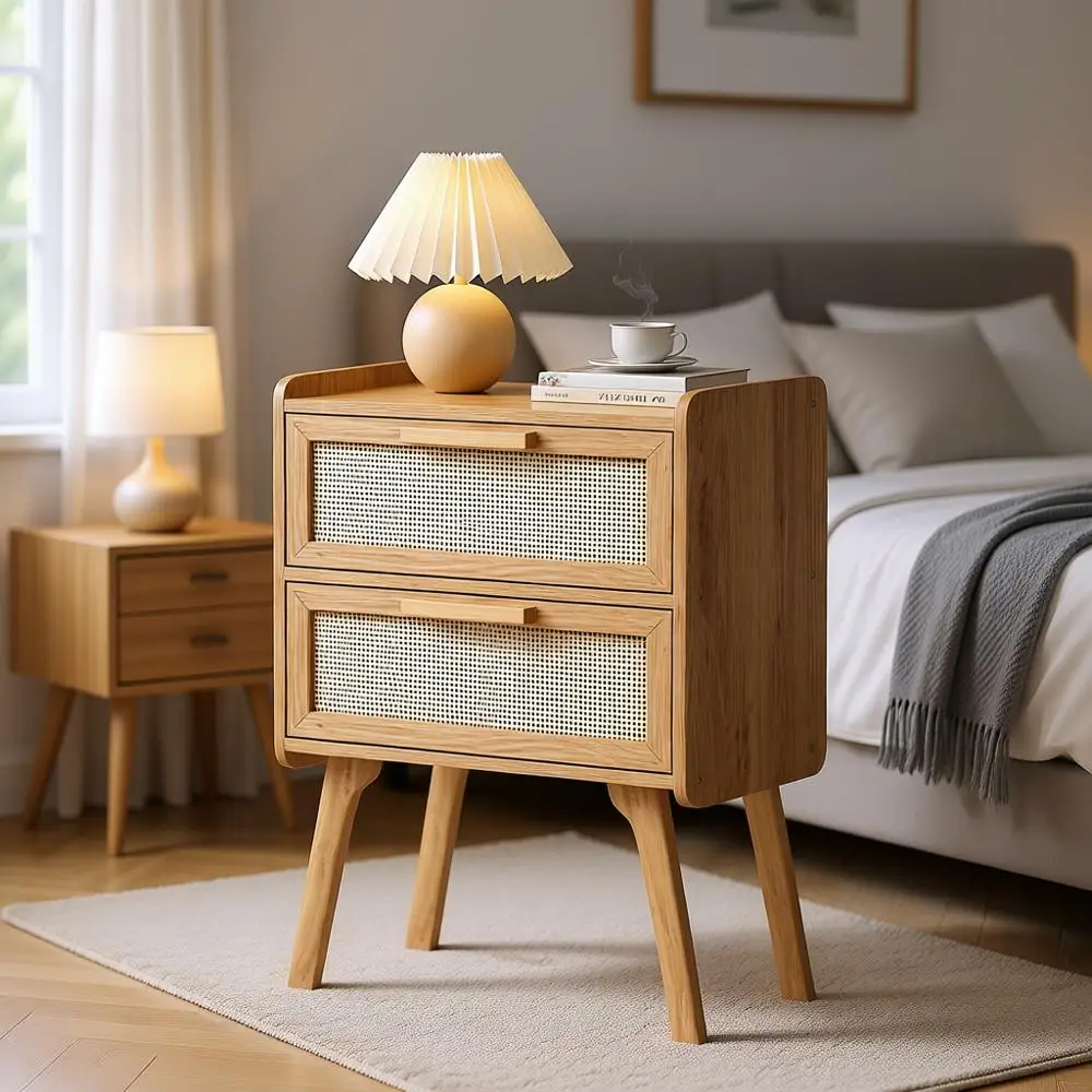 

Nightstand with 2 Drawers, Boho Style, Cane Accent Side Table, Solid Wood Legs, Suitable for Bedroom, Dorm, Small Spaces (Natura