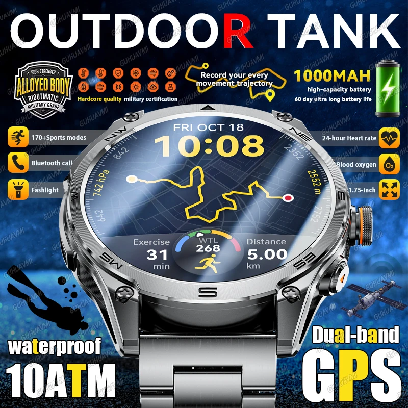 

2026 New Military 1000mAh Battery Sports Smart Watch For Men GPS 6-star positioning 10ATM waterproof Outdoor fitness Smartwatchs