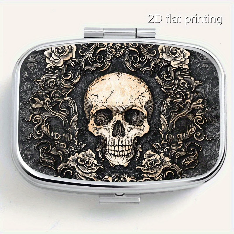 1PCS Gothic Skull Print Pattern Square Sealed Box, Two-Compartment Sealed Pill Box, Mini Portable Sealed Box, Suitable for Travel, Outdoor Sports, or as a Portable Sealed Pill Box for Wallets and Bags, Multi-Functional Metal Box for Decorations, Jewelry, Earrings, Vitamin Multi-Compartment Storage Box, Classification and Packaging Box, Suitable for Home and Travel, Sealed and Moisture-Proof, Unique Holiday Gift, Birthday Small Gift Collection Box