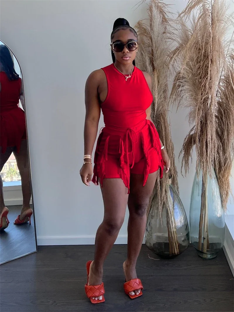 

Streetwear 2 Piece Sets Women Outfit Summer Clothing Women 2025 Sleeveless Tank Top Tassel Shorts Sets Two Piece Tracksuits Sets