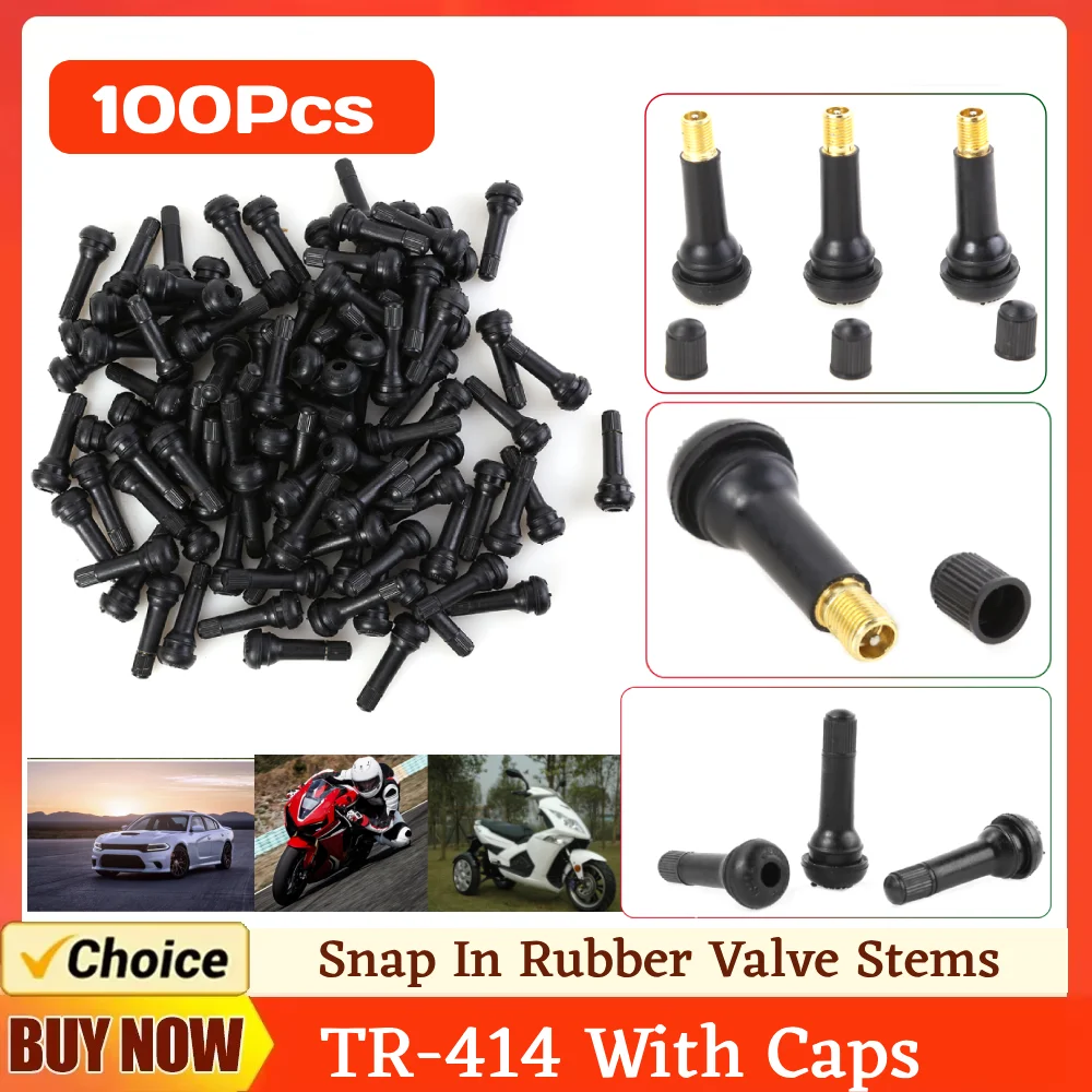 100pcs TR-414 Snap In Rubber Valve Stems TR414 Tubeless Tire Valves with Caps