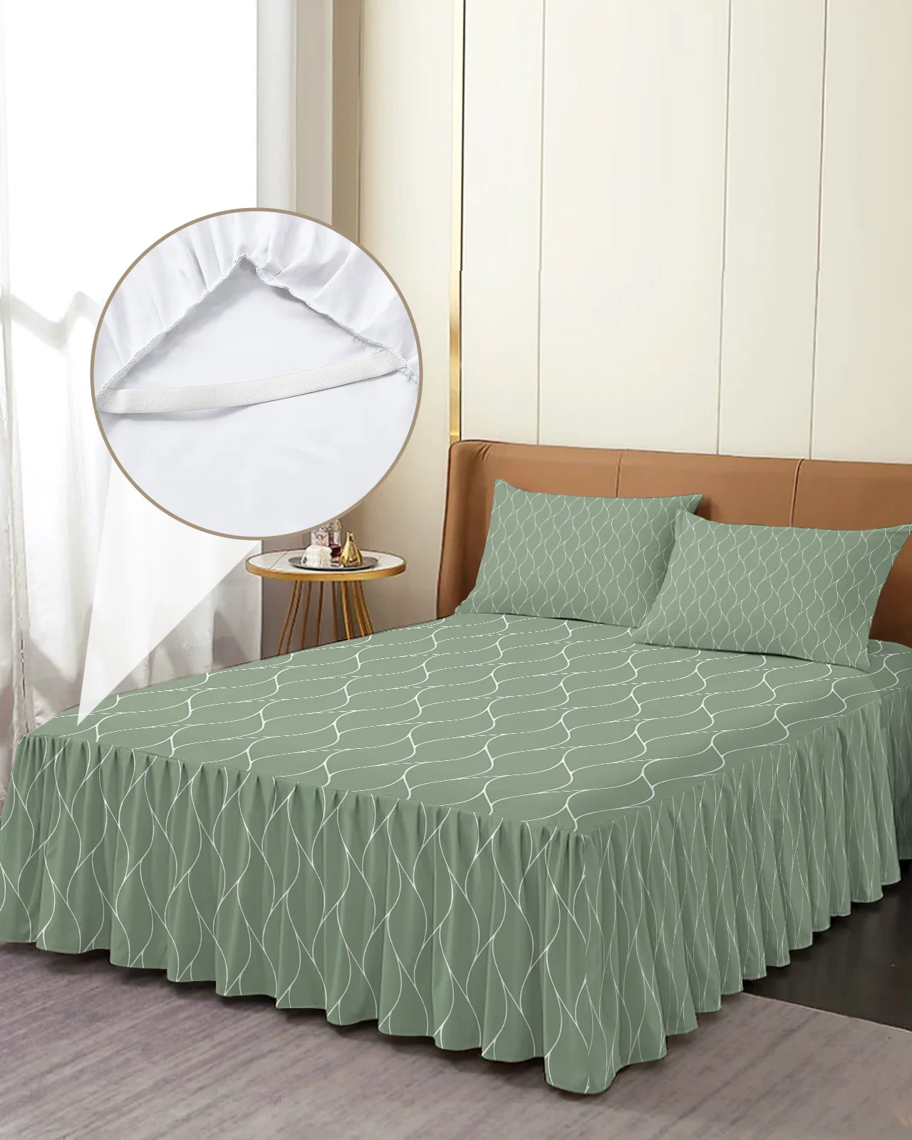 Sage Color Long Wave Line Bed Skirt Elastic Fitted Bedspread With Pillowcases Bed Protector Mattress Cover Bedding Set Bed Sheet