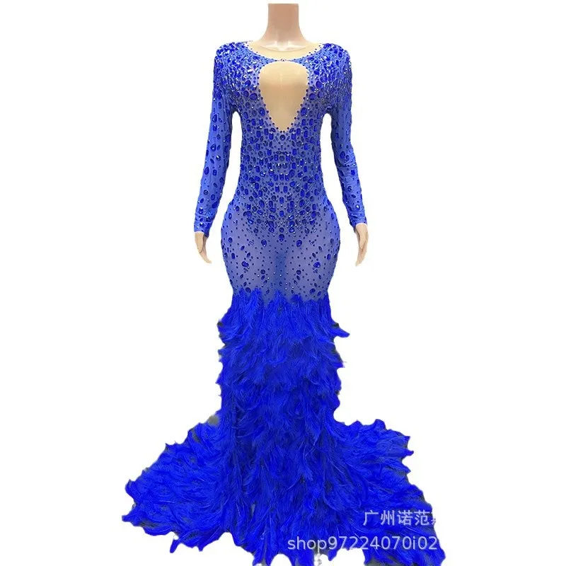 Высококачественное королевское синее платье с каплями воды и бриллиантовыми перьями, вечернее платье для ведущего банкета, модель подиума, костюм Abito, роскошный элегантный гала