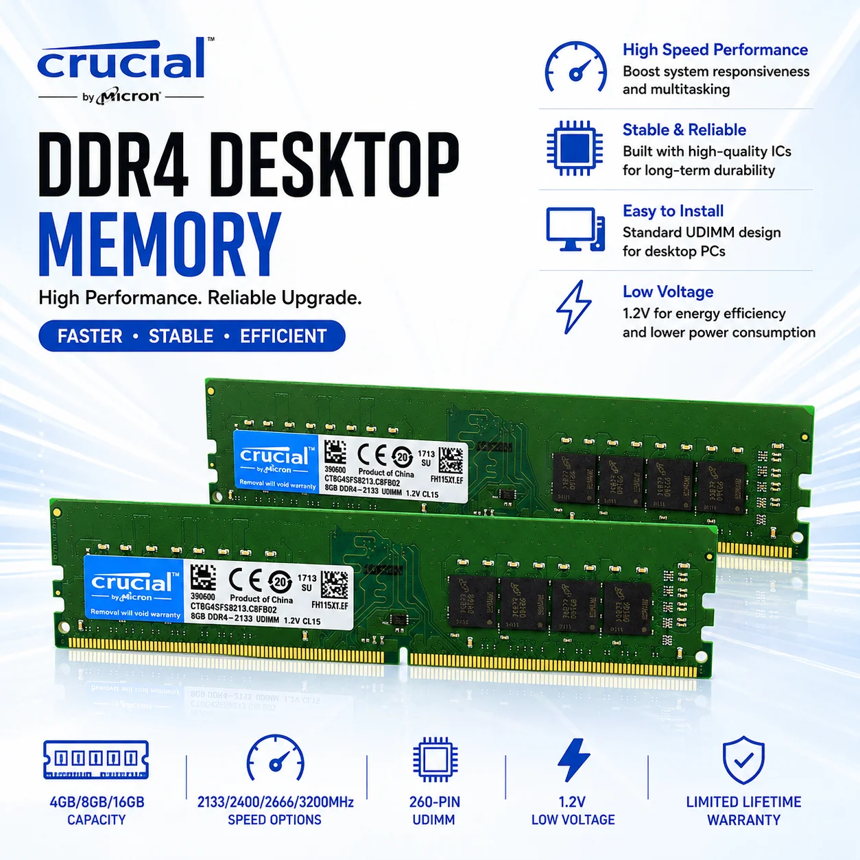 Crucial DDR4 Memory 4GB 8GB 16GB 2133/2400/2666/3200MHz RAM UDIMM 288Pin Computer game memory