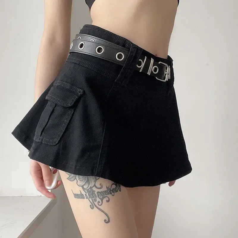 Geplooide Rok Pocket Design Sexy Lotusblad Rand Effen Kleur Half-Body Rok Hip Denim Rok Street Shot Hot Girl Geplooide Rok