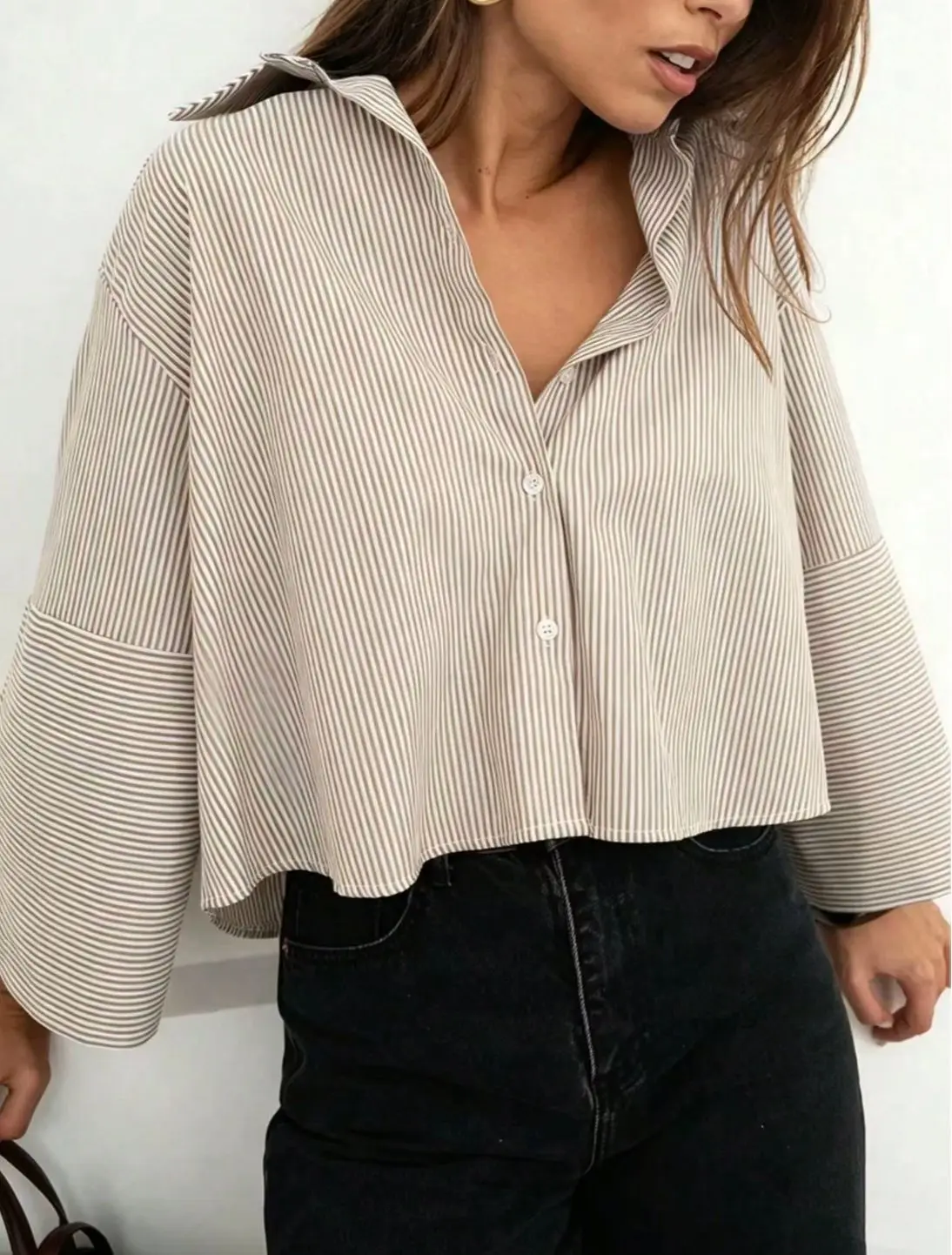 Khaki White Vertical Stripe Cropped Shirt Women Oversized Drop Shoulder Wide Three Quarter Sleeve Back Pleated Casual Blouse