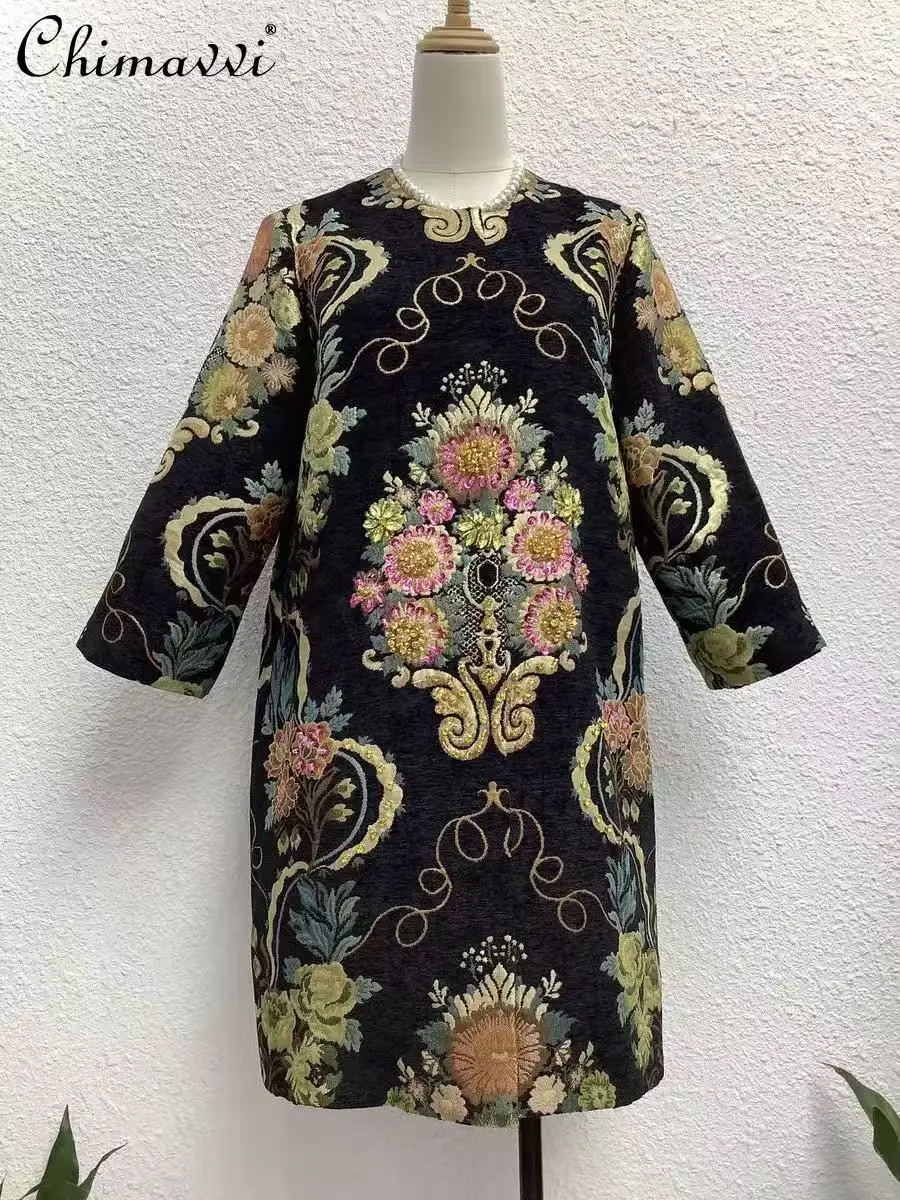 

High-End Retro Heavy Beading Luxury Mid-Length Jacquard Coat Women 2025 Autumn Winter New Fashion Loose Elegant Trench Coat