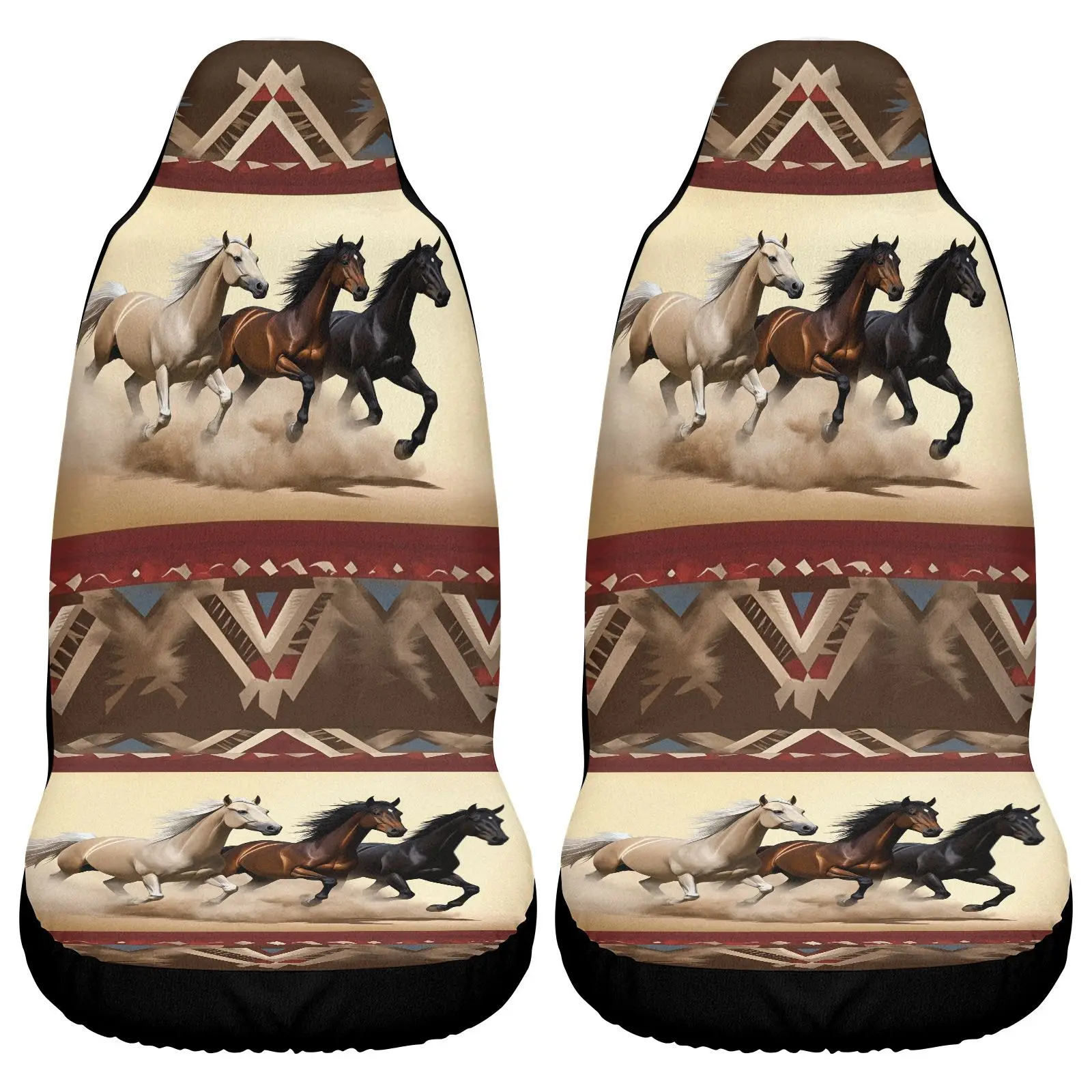 Car Seat Covers Beige With Running Horses And Tribal Patterns | Non- Polyester Fabric, Universal Fit For Vehicle Interior Decora