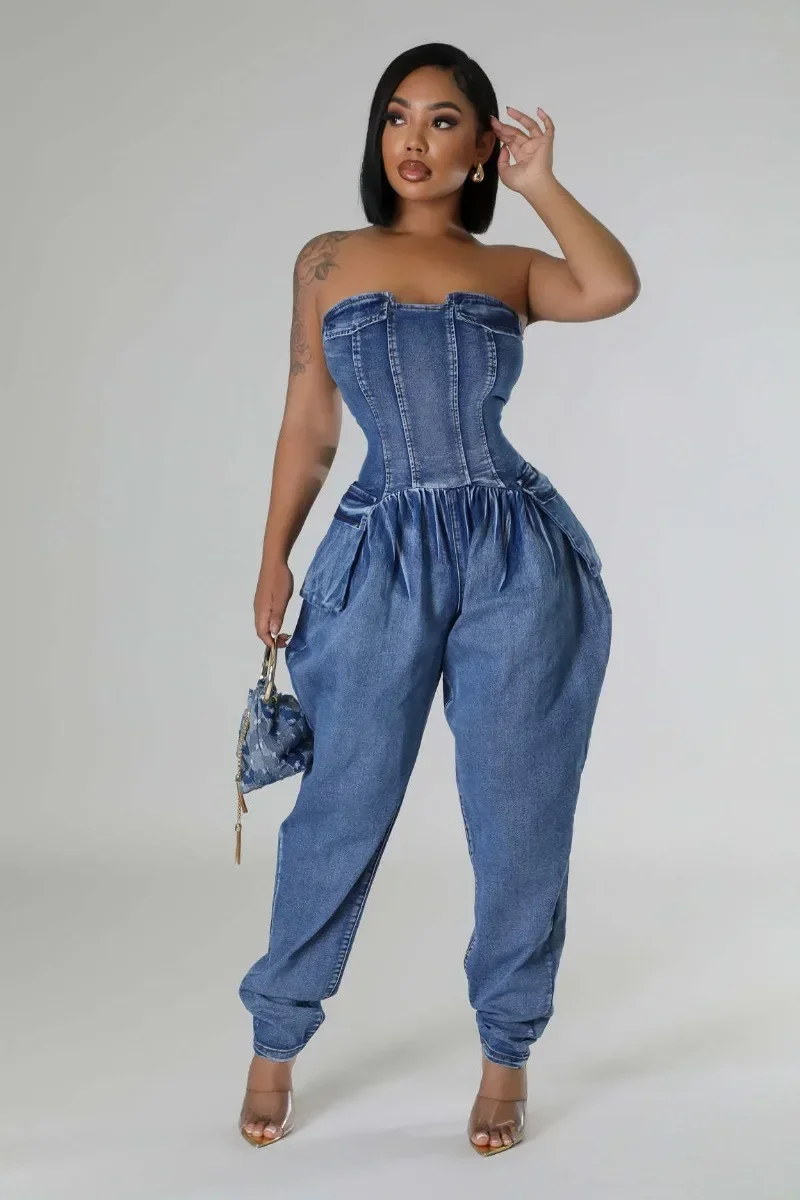 Women Sexy Strapless Washed Denim Cargo Jumpsuits Zipper Backless Multi Pockets Pleated Loose One Piece Overalls Jeans Rompers