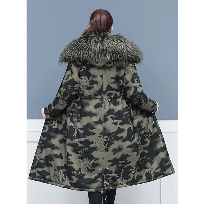 Pai Overcome Women\'s Autumn Winter Plus Size Cotton-Padded Jacket\'s Long Coat 2024 New Over-The-Knee Velvet Thickened Camouflage