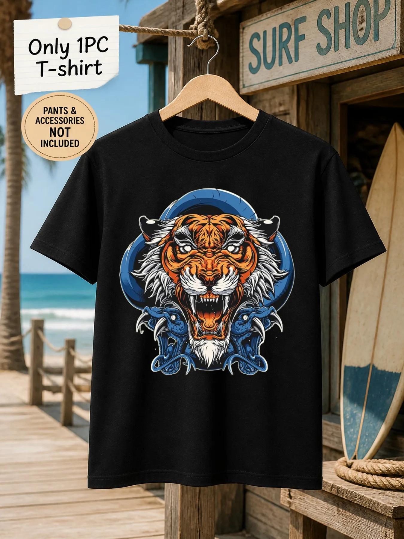 1pc Mens Graphic T Shirt Ferocious Tiger And Double Snakes Print Short Sleeve Crew Neck[solely 1pc T-SHIRT]
