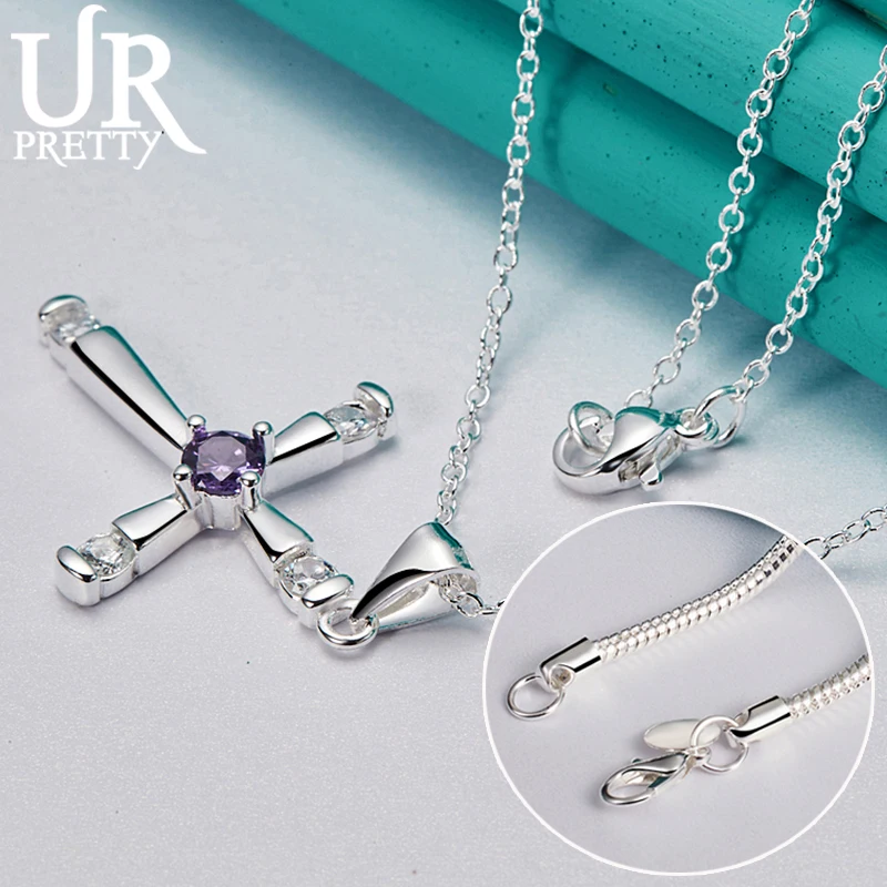 URPRETTY 925 Sterling Silver Cross Purple Zircon Pendant Necklace 16/18/20/22/24/26/28/30 Inch Chain For Woman Wedding Jewelry