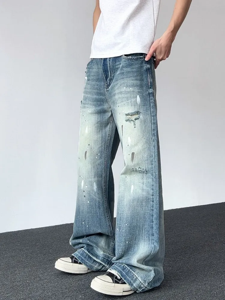 American Style Mens New Summer Jeans High Street Printed Denim Flared Pants Personality Casual Male Mid Waist Straight Trousers