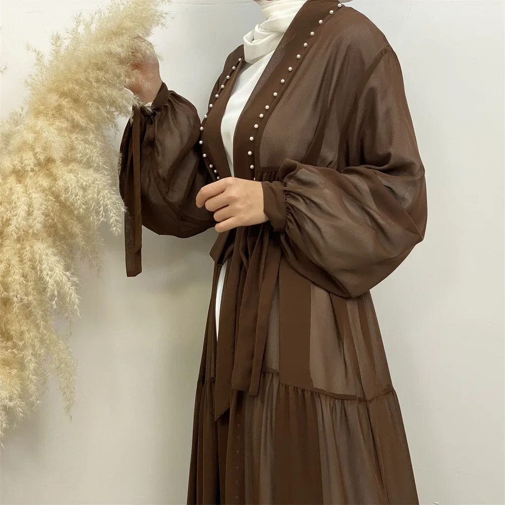 Árabe turquia médio oriente feminino solto aberto cardigan robe moda elegância cor sólida frisado muçulmano rendas chiffon cardigan robe