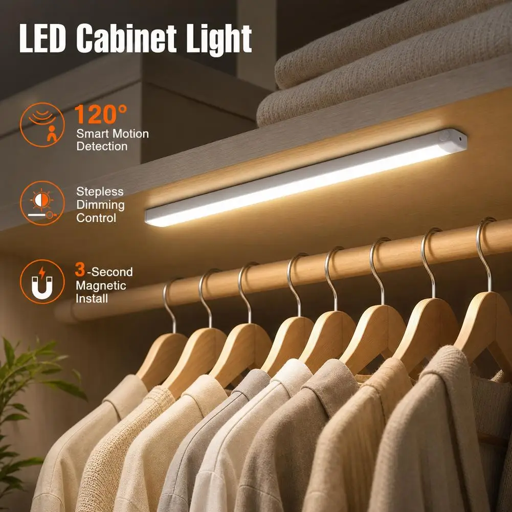 Rechargeable LED Under Cabinet Light Motion Sensor Wireless Stick On Closet Lighting Dimmable Wardrobe Kitchen Lamp