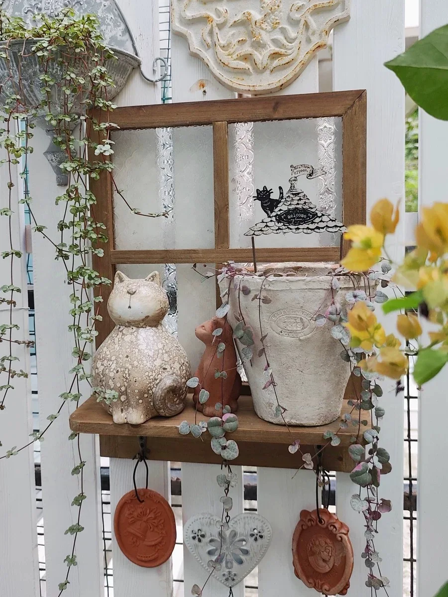 

Rustic Window Frame Wall Shelf, Wooden Display Rack with Textured Glass Panels, Farmhouse Style with Hanging Hooks