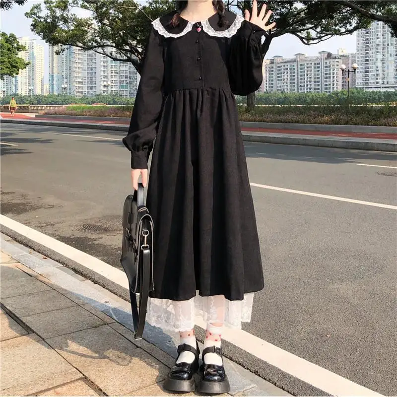 New 2022 College Style Sweet Peter Pan Collar Lace Dress Women Cute Japanese Mid-length Spring/Autumn Woman Dress