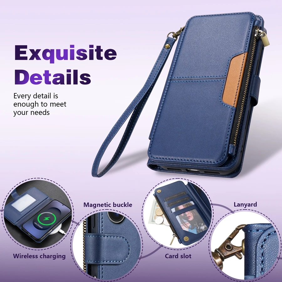 Portemonnee met meerdere kaartsleuven, ritssluiting, standaard, magnetische flip-leren hoes voor Samsung Galaxy S26 Ultra S25 FE S24 Plus S23 S22 S21 S20
