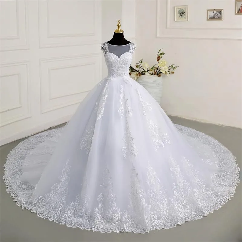 Luxus Spitze Brautkleider elegante ärmellose Vestido de Noiva formale Braut Ballkleid echtes Foto plus Größe neue reinweiß