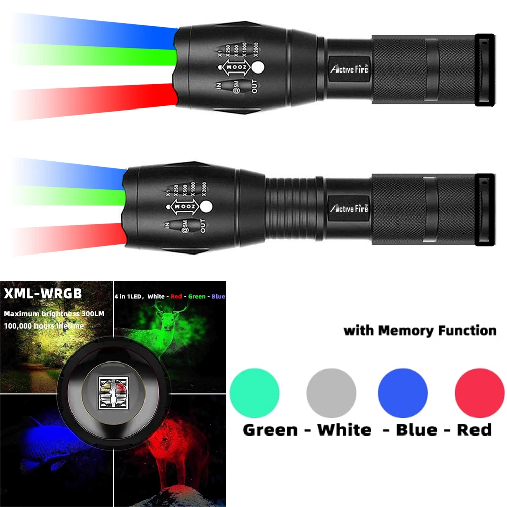 Upgraded Zoomable Red Flashlight, 4 Color in 1 Flash Light, Green Red Blue White Multi-Color RGBW Led with Memory for Fishing