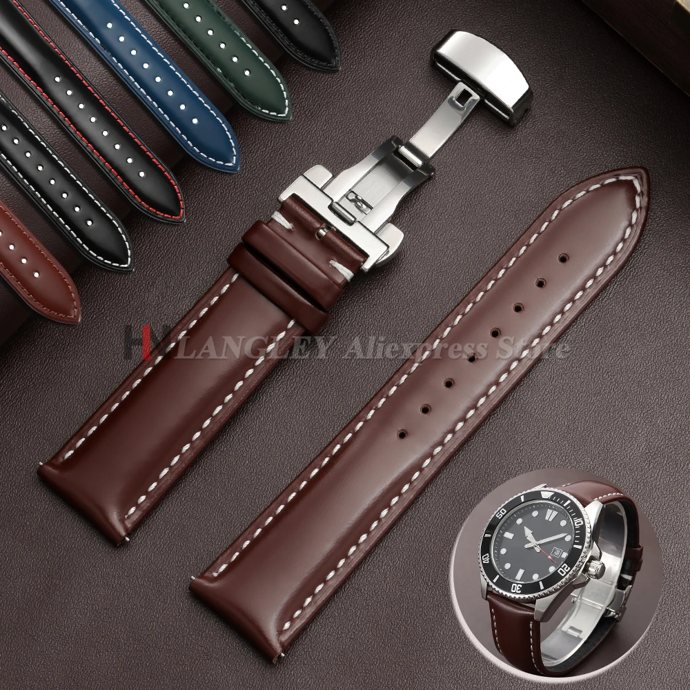 Correa de reloj de cuero genuino aceitado de 20mm 22mm con cierre de mariposa de liberación rápida, pulsera de 18/19mm/21mm para Omega, Rolex, Citizen