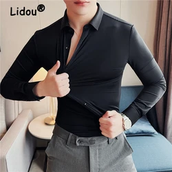 Frühling Sommer Männer Koreanische Business Casual Hohe Strech Schlank Solide Shirts Einfache Drehen Unten Kragen Button Up Hemd Ropa Hombre m-4XL