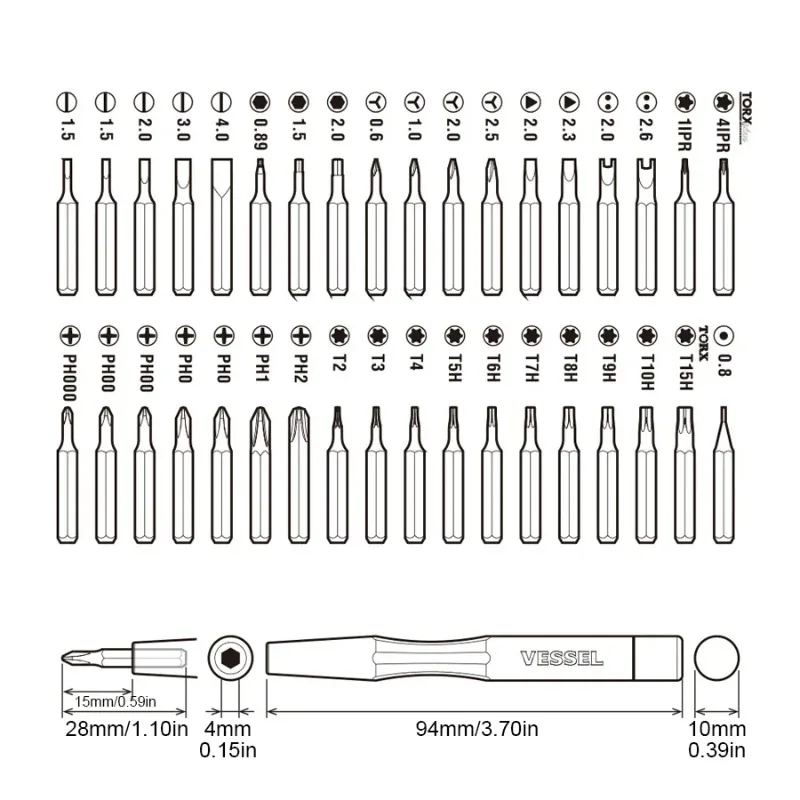 VESSEL 9836 طقم مفك برغي 36 قطعة، لقم مفك براغي قابلة للاستبدال مفك براغي صغير لأداة إصلاح زجاج ساعة الكاميرا