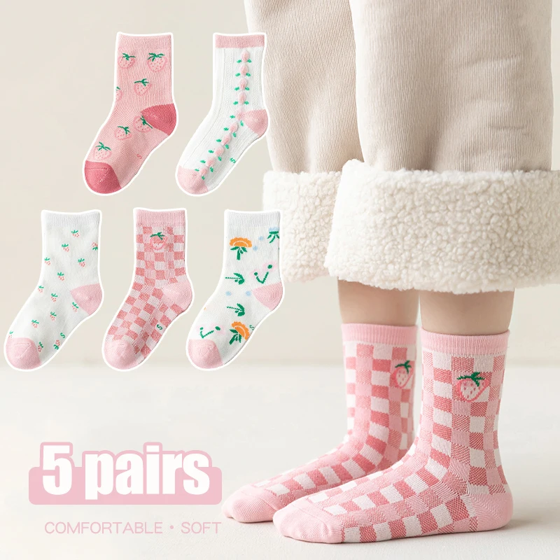 Pink Girls Socks Cotton Knitting Vintage Crew Socks Cartoon Embroidery Casual Fashion Plaid Girls Kawaii Mid Socks Sox 5Pair