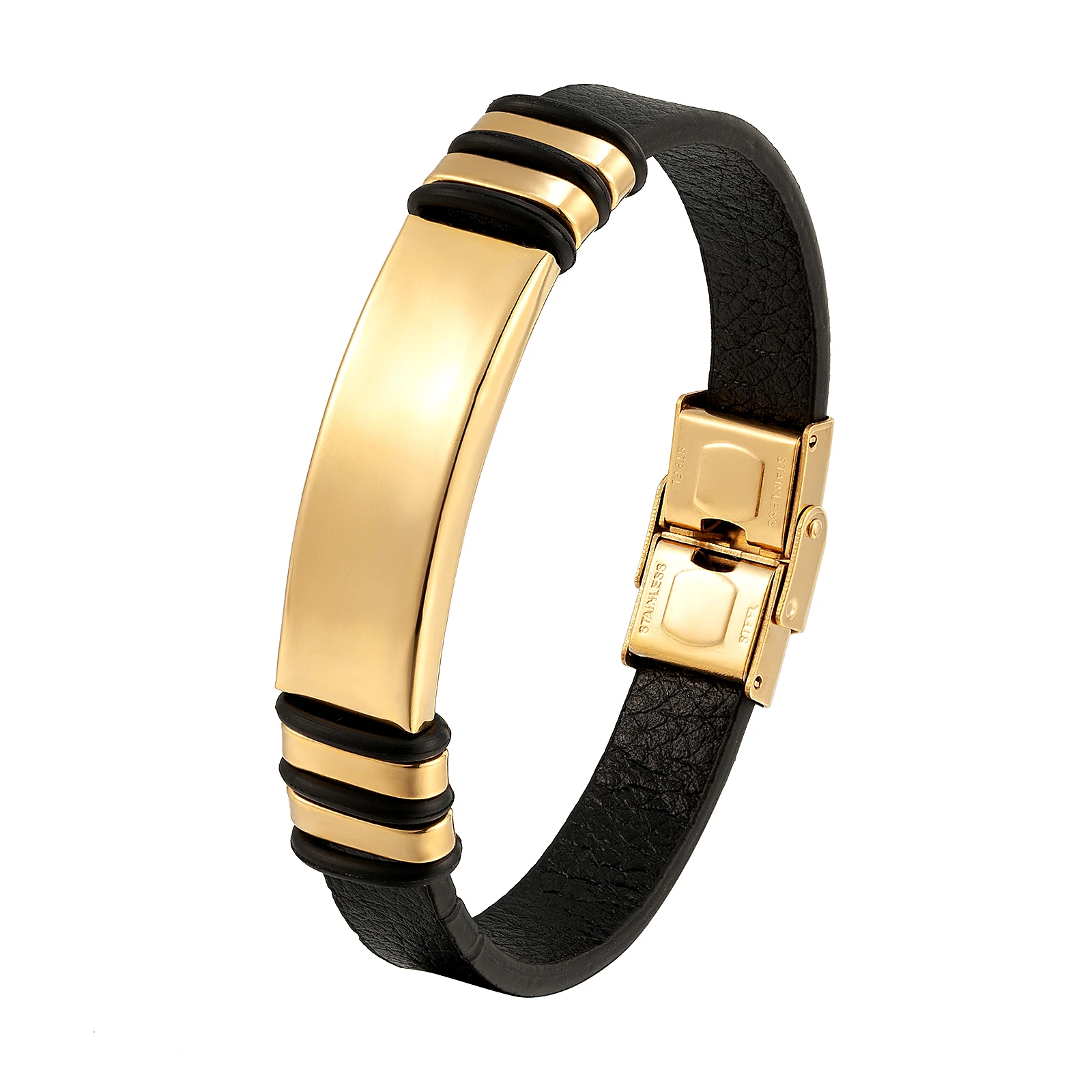 New Fashion Brand Bracelet Stainless Steel Men\'s Bracelet Black Charm Leather Bracelet Men\'s Wristband Simple Jewelry Wholesale